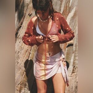 Zara Boho Crochet Macrame Top Women M Mirrored Hippie Bohemian Long Sleeve Tie